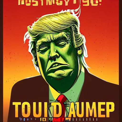 Prompt: a poster design of a close portrait donald trump as The Toxic Avenger (1984), warm color, Highly detailed labeled, poster, peter mohrbacher, featured on Artstation