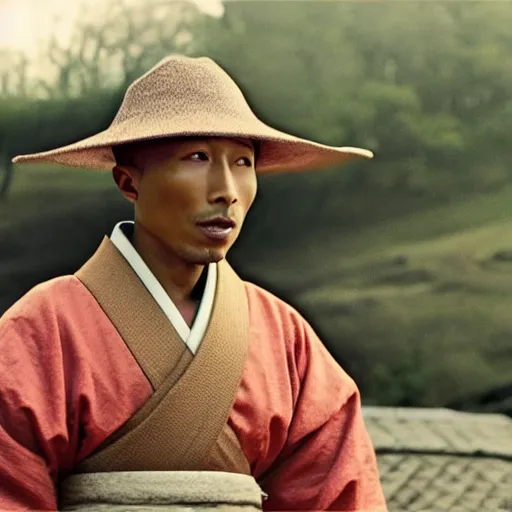 Image similar to cinematic film still Pharrell Williams starring as a Samurai holding fire, Japanese CGI, VFX, 2003, 40mm lens, shallow depth of field,film photography