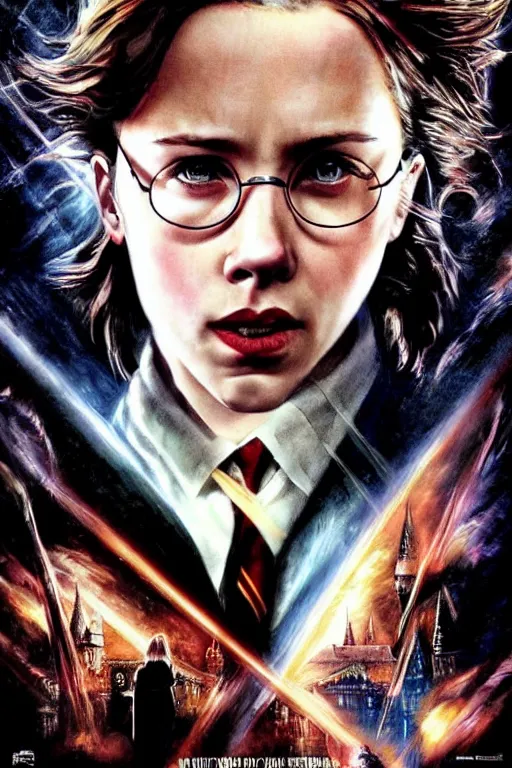 Prompt: Harry Potter movie poster with Scarlett Johansson in the lead role, design by Drew Struzan