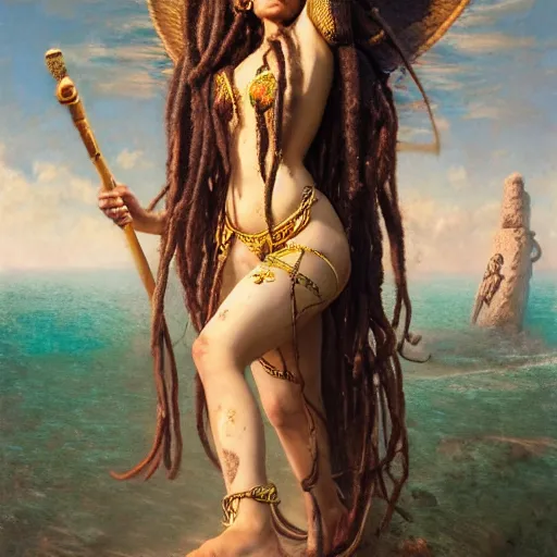 Image similar to birth of mami wata, sumerian goddess inanna ishtar, ashteroth, techno mystic goddess princess intergalactica, with aqua neon rapunzel dreadlocks, mami wata, detailed, by gaston bussiere, bayard wu, greg rutkowski, giger, maxim verehin, greg rutkowski, masterpiece, sharp focus,