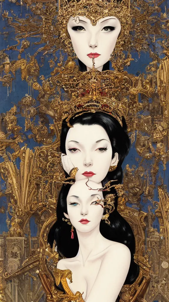 Image similar to a beautiful black haired woman with pale skin and a crown on her head sitted on an intricate metal throne new york circa 1 9 8 4 edward hopper and james gilleard, surreal, open ceiling, highly detailed, airbrush, ilya kuvshinov, wlop, stanley artgerm, very coherent, art by takato yamamoto and james jean