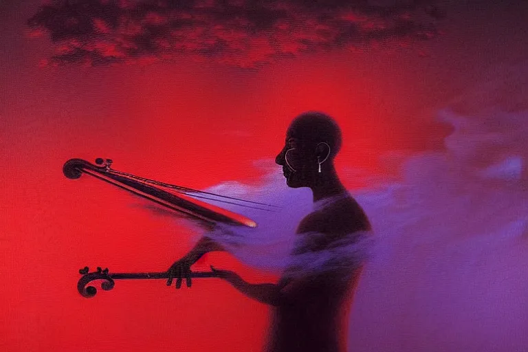 Image similar to abstract tech concept of the mystery musician with colored smoke playing a violin, in the style of rafał olbinski, in the style of beksinski, intricate and epic composition, red by caravaggio, insanely quality, highly detailed, masterpiece, purple light, artstation, 4 k