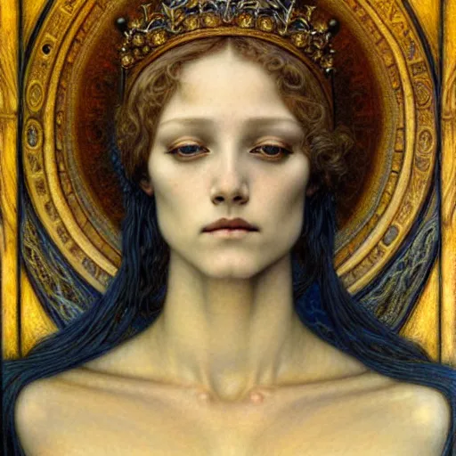 Image similar to detailed realistic beautiful young medieval queen face portrait by jean delville, gustave dore and marco mazzoni, art nouveau, symbolist, visionary, gothic, pre - raphaelite. horizontal symmetry