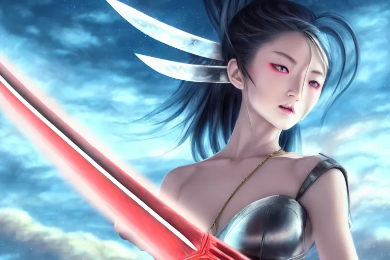Image similar to beautiful girl holding a red eye imprinted ego sword at the top of clouds, dawn, highlight on the blade, extremely detailed and beautiful aesthetic face, seductive pose, super detailed eyes, highly detailed, digital painting, highlight scene of the movie, smooth, illustration, unreal engine 5, 8 k, art by hiroaki samura and jiro matsumoto and yusuke murata