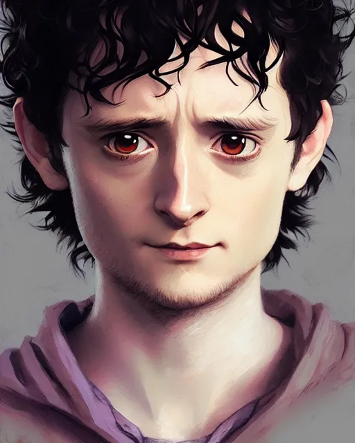 Image similar to portrait Anime playing Frodo Baggins || cute-fine-face, pretty face, realistic shaded Perfect face, fine details. Anime. realistic shaded lighting by Ilya Kuvshinov katsuhiro otomo ghost-in-the-shell, magali villeneuve, artgerm, Jeremy Lipkin and Michael Garmash and Rob Rey Elijah Wood