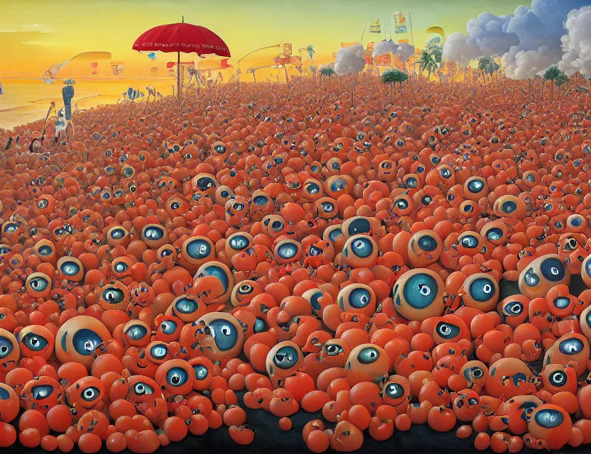 Image similar to a funny high resolution oil painting with dirty old brush of a lazy red burning and melting tomatos with to many googly eyes on a sunset beach to hot for the sun, big piles of strawberry icecream in cones falling from the sky by james jean and fernando botero