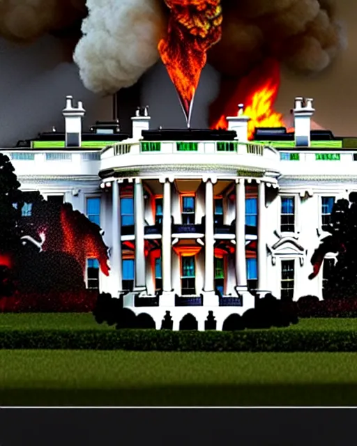 Prompt: president of usa's building, white house in fire, fire flames, sharp details, sharp focus, elegant, highly detailed, by thomas kinkade trending on artstation, photorealistic