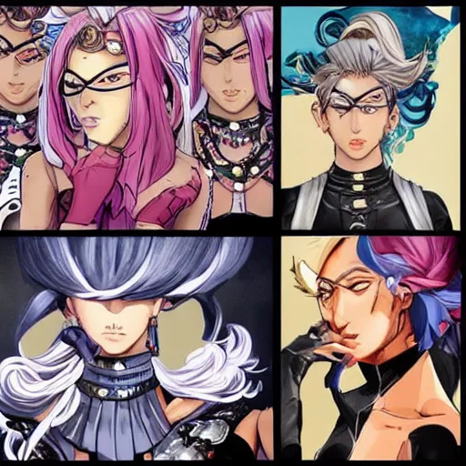 Image similar to strong warrior woman, fashion pose, gorgeous face, JoJo cover art, wearing blindfold over eyes, JoJo anime style, David Production, style of Vento Aureo cover art, style of Stone Ocean cover art, style of Steel Ball Run cover art, style of JoJolion cover art, Ilya Kuvshinov style, Alexandra Fomina ArtStation, illustrated by Hirohiko Araki