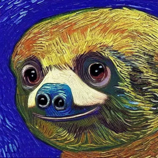 Image similar to a beautiful oil painting of a sloth's face in the style of van Gogh