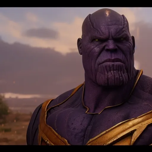 Prompt: Film still of Thanos, from Red Dead Redemption 2 (2018 video game)