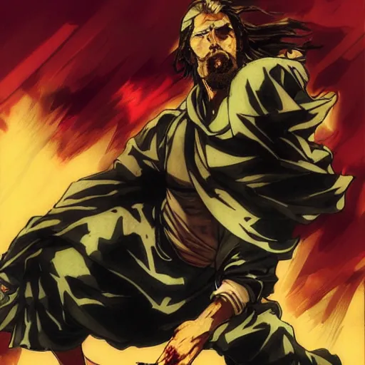 Image similar to jesus in a jojo dramatic pose, artwork by yoji shinkawa