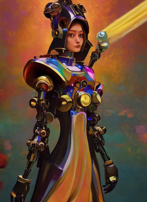 Image similar to an anthropomorphic beautiful mecha female wizard portrait holding a staff wearing colourful robe, fine art, award winning, intricate, elegant, sharp focus, octane render, hyperrealistic, cinematic lighting, highly detailed, digital painting, 8 k concept art, art by jamie hewlett and z. w. gu, masterpiece, trending on artstation, 8 k