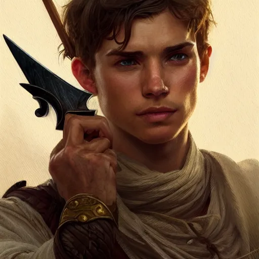 Image similar to portrait of a young rugged ranger holding his longsword up, hands, muscular, upper body, D&D, fantasy, intricate, elegant, highly detailed, digital painting, artstation, concept art, smooth, sharp focus, illustration, art by Artgerm and Greg Rutkowski and Alphonse Mucha