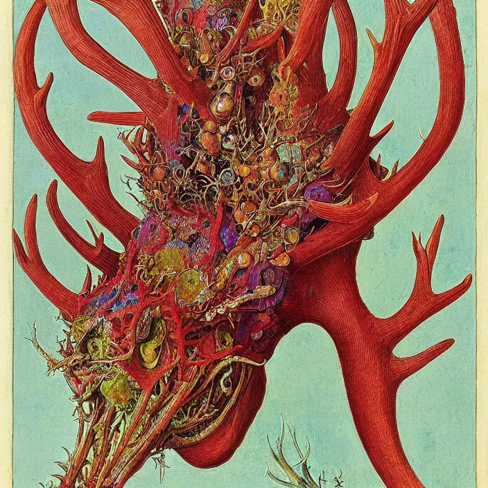 Prompt: close up portrait of a mutant monster creature with ten antlers growing in fractal forms, face in the shape of a colorful exotic carnivorous plant. by jan van eyck, walton ford