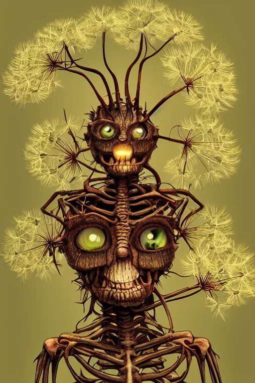 Image similar to a humanoid figure dandelion plant monster, amber eyes, highly detailed, digital art, sharp focus, ambient lighting, glowing, skeletal, trending on art station, anime art style