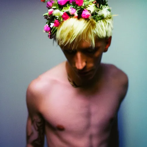 Image similar to kodak portra 4 0 0 photograph of a skinny blonde guy standing in cluttered 9 0 s cyber bedroom, back view, flower crown, moody lighting, telephoto, 9 0 s vibe, blurry background, vaporwave colors, faded!,