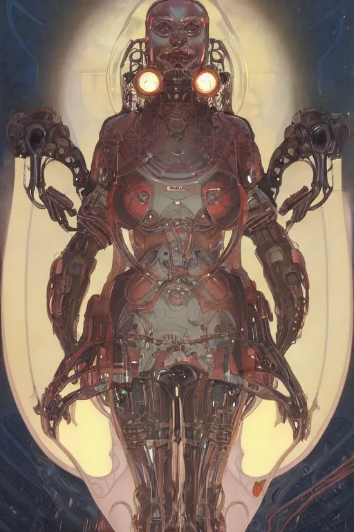 Image similar to portrait of mad alien robot queen, symmetrical, by yoichi hatakenaka, juan gimenez, brom, karol bak, alphonse mucha, james jean, drawing, illustration, cgsociety and artstation, clear line