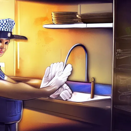 Image similar to A police officer wearing rubber gloves to wash dishes in kitchen, highly detailed, ambient lighting, trending on art station