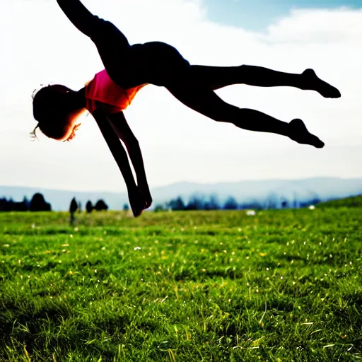 Image similar to An origami girl doing acrobatic contemporary dance, dramatic lighting, with bokeh effect in a sunny meadow