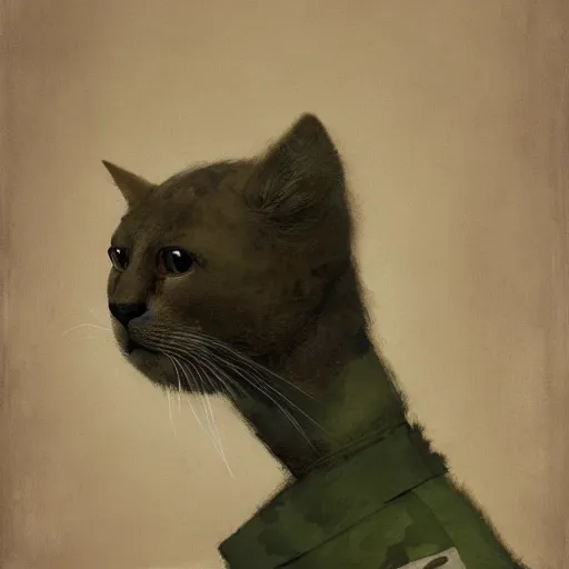 Image similar to Portrait face fuzzy eyes snout ears furry ripped physique kitty cat general camouflaged as a kitty cat man wearing a military officer uniform standing atop a panzer tank charlie bowater elina brotherus greg rutkowski Dan Witz paul klee jamie wyeth victo ngai