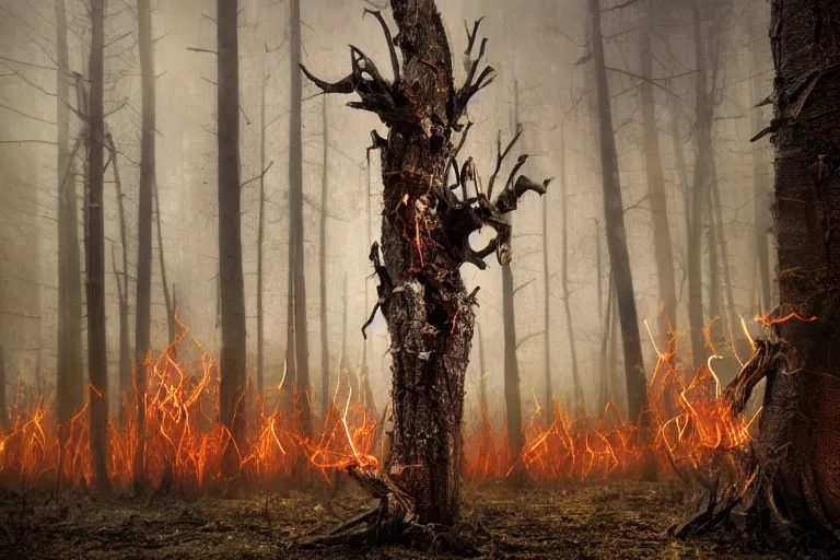Image similar to the dead trees waited to be ignited by the smallest spark and seek their revenge. photo - realistic hd, hyperrealism, colourful, highly detailed, cinematic, luminescence, 3 2 k, dop, high contrast, intricate, mystery, epic, fantasy