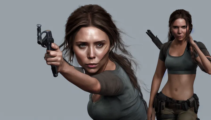 Prompt: elizabeth olsen is lara croft from tomb raider, grey background, hyperdetailed, artstation, cgsociety, 8 k