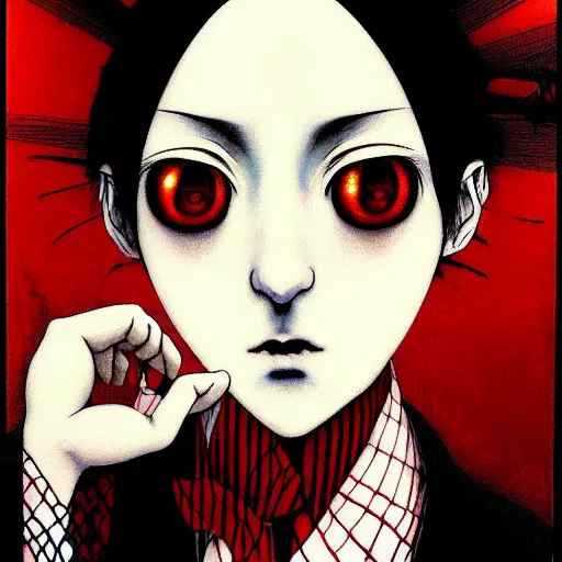 Image similar to yoshitaka amano blurred and dreamy realistic three quarter angle horror portrait of a sinister young woman with short hair, horns and red eyes wearing office suit with tie, junji ito abstract patterns in the background, satoshi kon anime, noisy film grain effect, highly detailed, renaissance oil painting, weird portrait angle, blurred lost edges