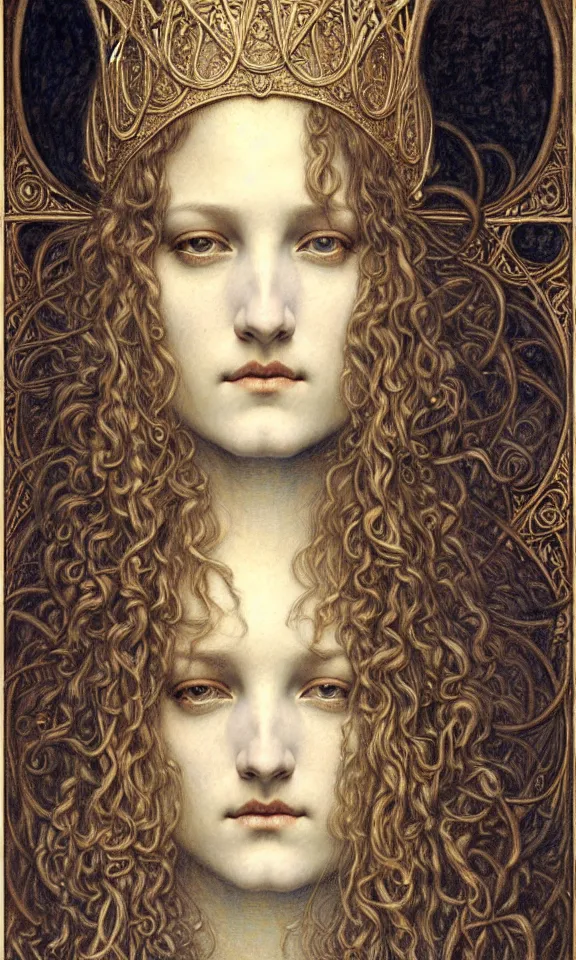 Image similar to detailed realistic beautiful young medieval queen face portrait by jean delville, gustave dore and marco mazzoni, art nouveau, symbolist, visionary, gothic, pre - raphaelite. horizontal symmetry