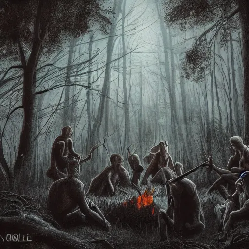 Image similar to Gathering of cryptids in a forest at night, bonfire, creepy, shadows, trending on artstation