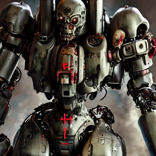 Image similar to cinematic full body portrait of a zombie heavy mech with flesh, by kow yokoyama, maschinen krieger, hobby japan, stormy post apocalyptic cyberpunk gothic city, highly detailed, shot with canon 5 d mark ii, face detail, rob bottin, rick baker, jordu schell, artstation, cg society, soft illumination