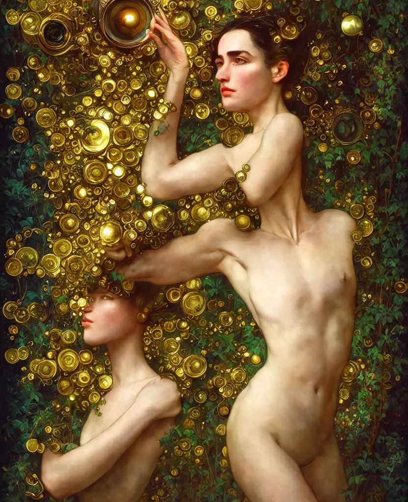 Prompt: hyper realistic photographer looking through a vintage medium format camera, magic pouring from lens, full body pose, design on white background, beautiful details, lush foliage cyberpunk, gold, drawn by john singer sargent, tom bagshaw, norman rockwell, alphonso mucha, lolish, trending on artstation