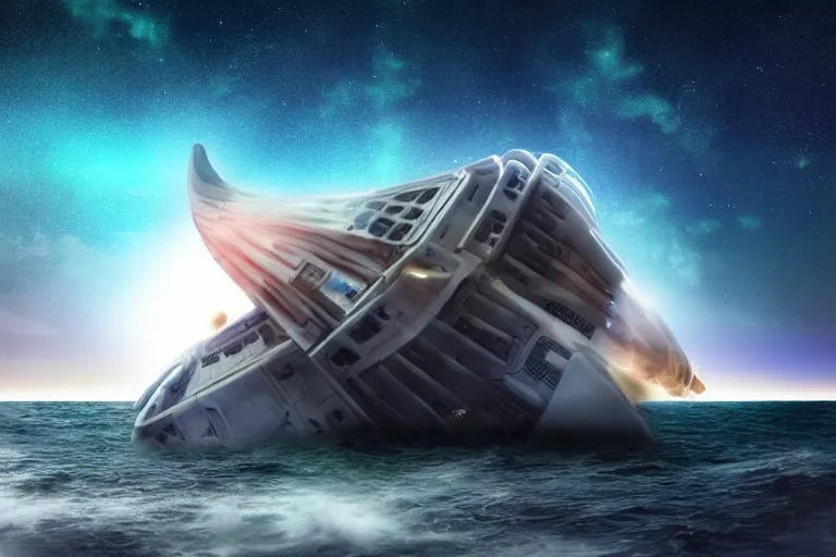 Image similar to enormous spaceship crashing into the sea at night