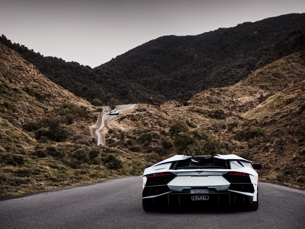 Prompt: a rear shot of a lamborghini aventador with lights on a mountain road, motion blur, 3 5 mm photography, car photography, clean lines, realistic