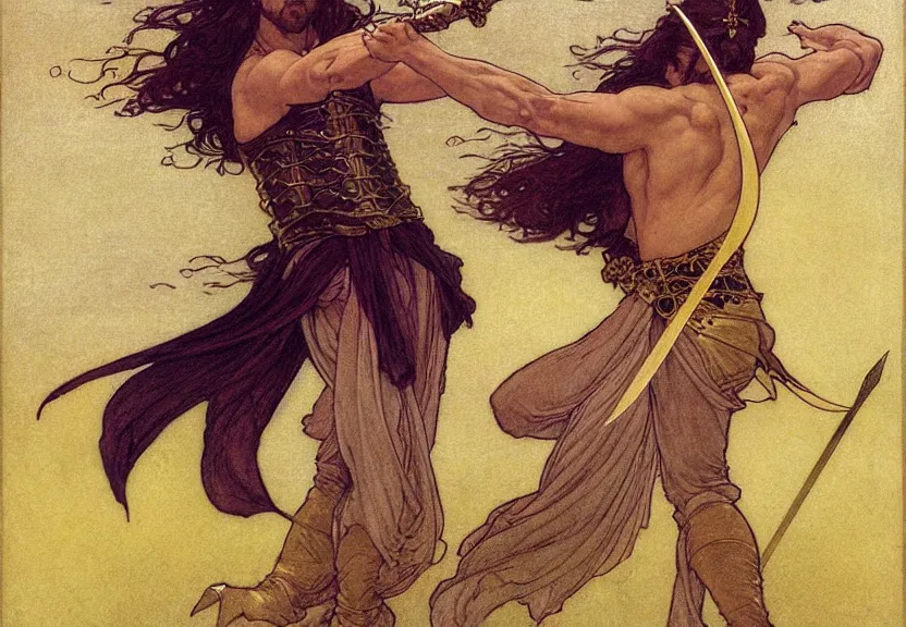 Image similar to a golden swordsman wielding two swords leans back as he dances elegantly in the wind, his robes and long hair flowing in the breeze, his enemies lying on the ground below, fantasy, Mucha, MTG, Game of Thrones, salsa dancing, Rossetti, Millais, anatomically correct