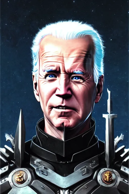 Image similar to portrait of joe biden goth cyborg with white hair in warhammer armor, art by kuvshinov ilya and wayne barlowe and gustav klimt and artgerm and wlop and william - adolphe bouguereau