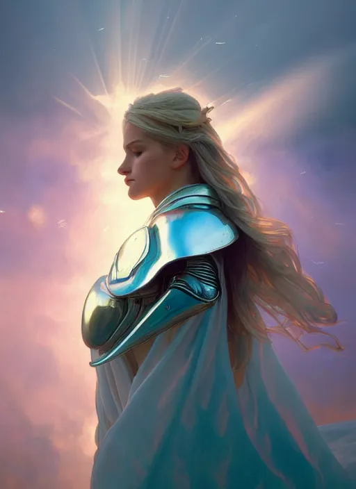 Image similar to one angel, big wings, low key light, full plate armor with cloth, f 1 6, bokeh, extreme close up portrait, gentle, female, mountain, storm, god rays, landscape, d & d, fantasy, elegant, teal pink white gold color palette, concept art, artgerm and greg rutkowski and alphonse mucha