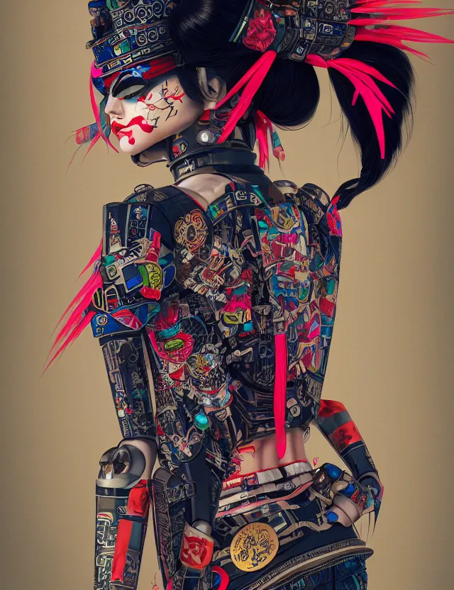 Image similar to full body portrait of a maximalist style punk geisha robot with kanji tattoos and decals wearing a digital pixelated kimono, intricate design, photo - realistic, octane render, ultra fine detailed, character design, trending on artstation