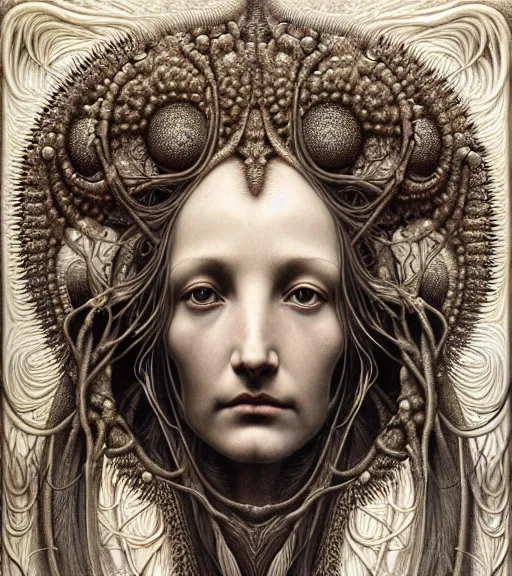 Image similar to detailed realistic beautiful bone goddess face portrait by jean delville, gustave dore, iris van herpen and marco mazzoni, art forms of nature by ernst haeckel, art nouveau, symbolist, visionary, gothic, neo - gothic, pre - raphaelite, fractal lace, intricate alien botanicals, biodiversity, surreality, hyperdetailed ultrasharp octane render