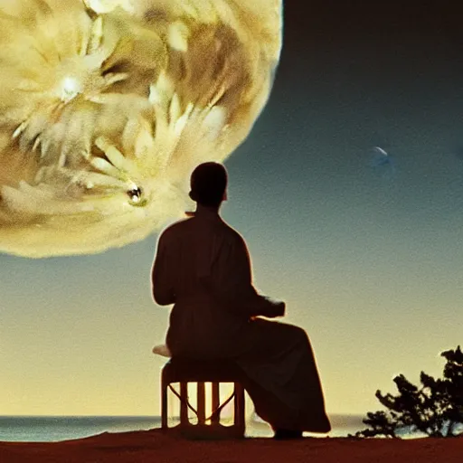 Image similar to back view of a sitting man wearing white robe playing piano in front of a giant moon rising from ocean