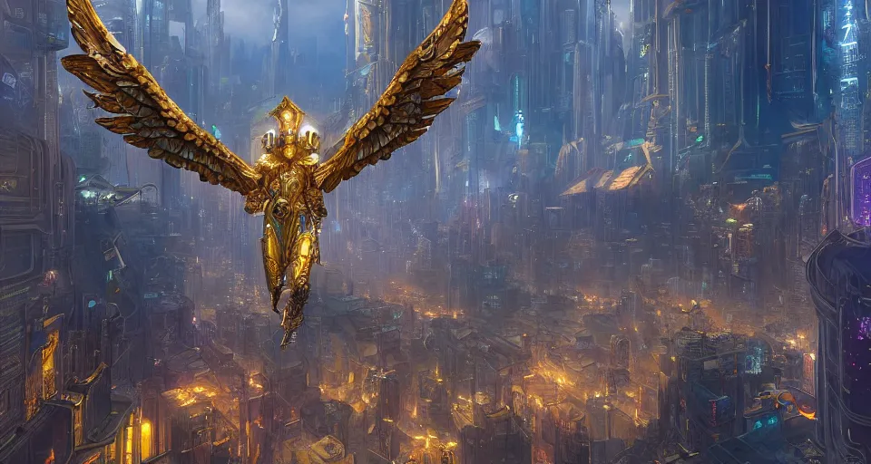 Image similar to golden prism biblically-accurate seraphim flying over a cyberpunk metropolis by Justin Gerard, Stephan Martiniere, and Quentin Mabille, detailed, dusk, intricate shading, volumetric lighting, artstation, 4k