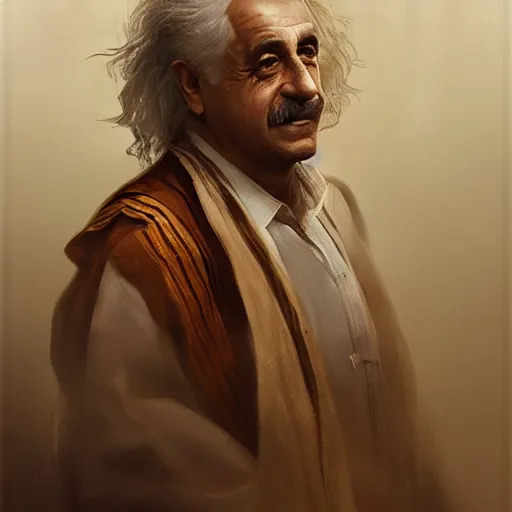 Image similar to a portrait of a Kurdish Albert Einstein in Kurdish clothes by Greg Rutkowski, digital art, horror, chiaroscuro, trending on artstation, anime arts, featured on Pixiv, HD, 8K, highly detailed, good lighting, beautiful, epic, masterpiece