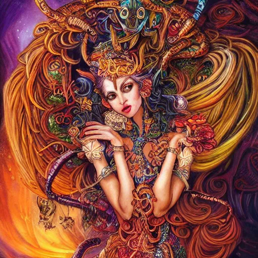 Prompt: portrait of a scorpion goddess, full body shot, fantasy, whimsical, horror, art by josephine wall and and hr geiger and chengwei pan and amanda sage, intricately detailed, highly detailed, luxurious, elegant, clean, unsettling, trending on artstation