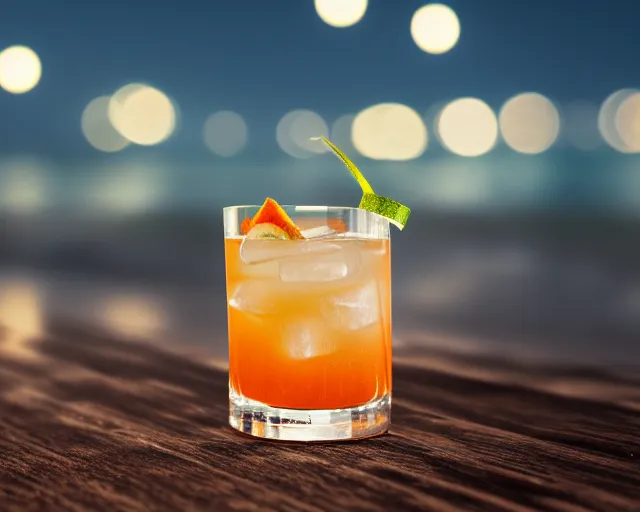 Prompt: 5 5 mm photo of best cocktail on a wooden table at a beach at night. dof. bokeh. magical atmosphere. art by greg rutkowski. highly detailed 8 k. intricate. lifelike. soft light. nikon d 8 5 0.