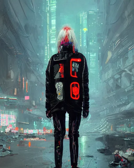 Image similar to detailed portrait Neon guard boy with long straight blonde hair seen from the back, cyberpunk futuristic, reflective puffer jacket, black leggings, decorated with traditional ornaments in front of a dystopian crowd with piles of garbage by Ismail inceoglu dragan bibin hans thoma, Perfect face, fine details, realistic shaded, fine-face, pretty face