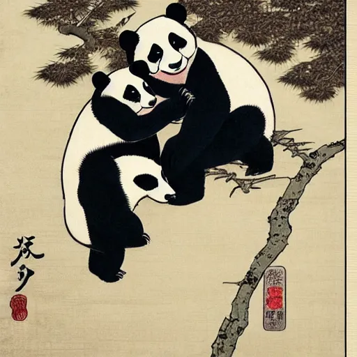 Image similar to a panda and bear, shunga style, ukiyo - e art, artstation