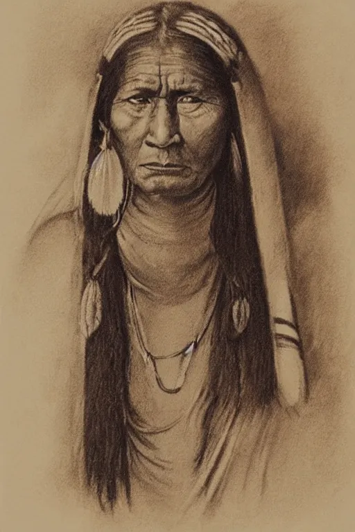 Image similar to “Charcoal sketch of a Native American indian woman, portrait, Nanye-hi Beloved Woman of the Cherokee, wearing a papoose showing pain and sadness on her face, ancient”