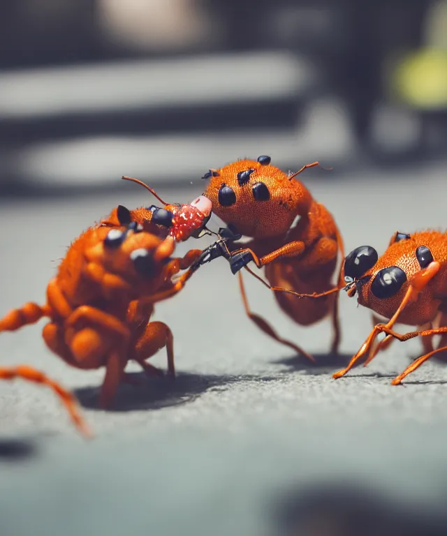 Prompt: high quality presentation photo of cute anthropomorphic ants eating crumbs, photography 4k f1.8 anamorphic bokeh 4k Canon Nikon