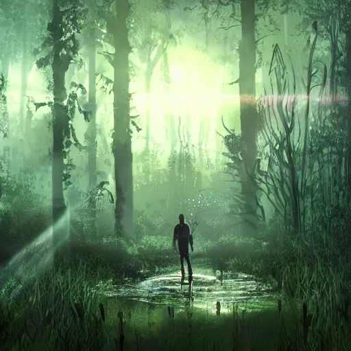 Prompt: a dirty lost person is following a floating blue glowing ball of light through the swampy forest, extremely detailed multiple unique different art styles.