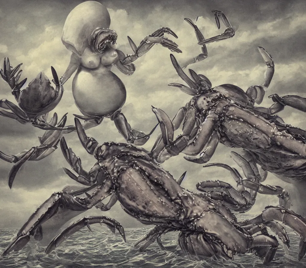 Prompt: an obese grey woman ten feet tall with giant crab claws emerging from the sea, david curtis, rick berry, alex horley, character art arstation, polariod photo