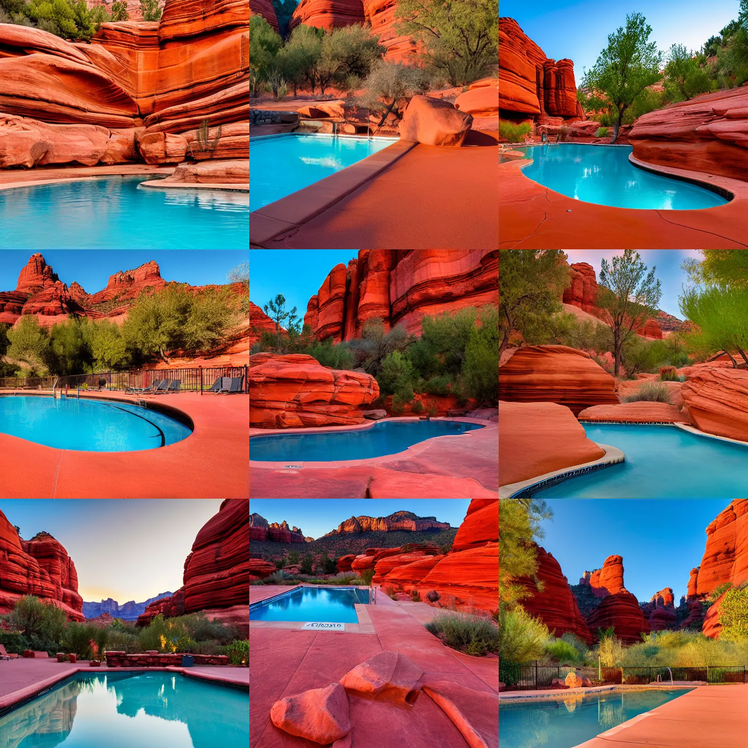 Prompt: a swimming pool located within a red rock canyon in Sedona Arizona, golden hour